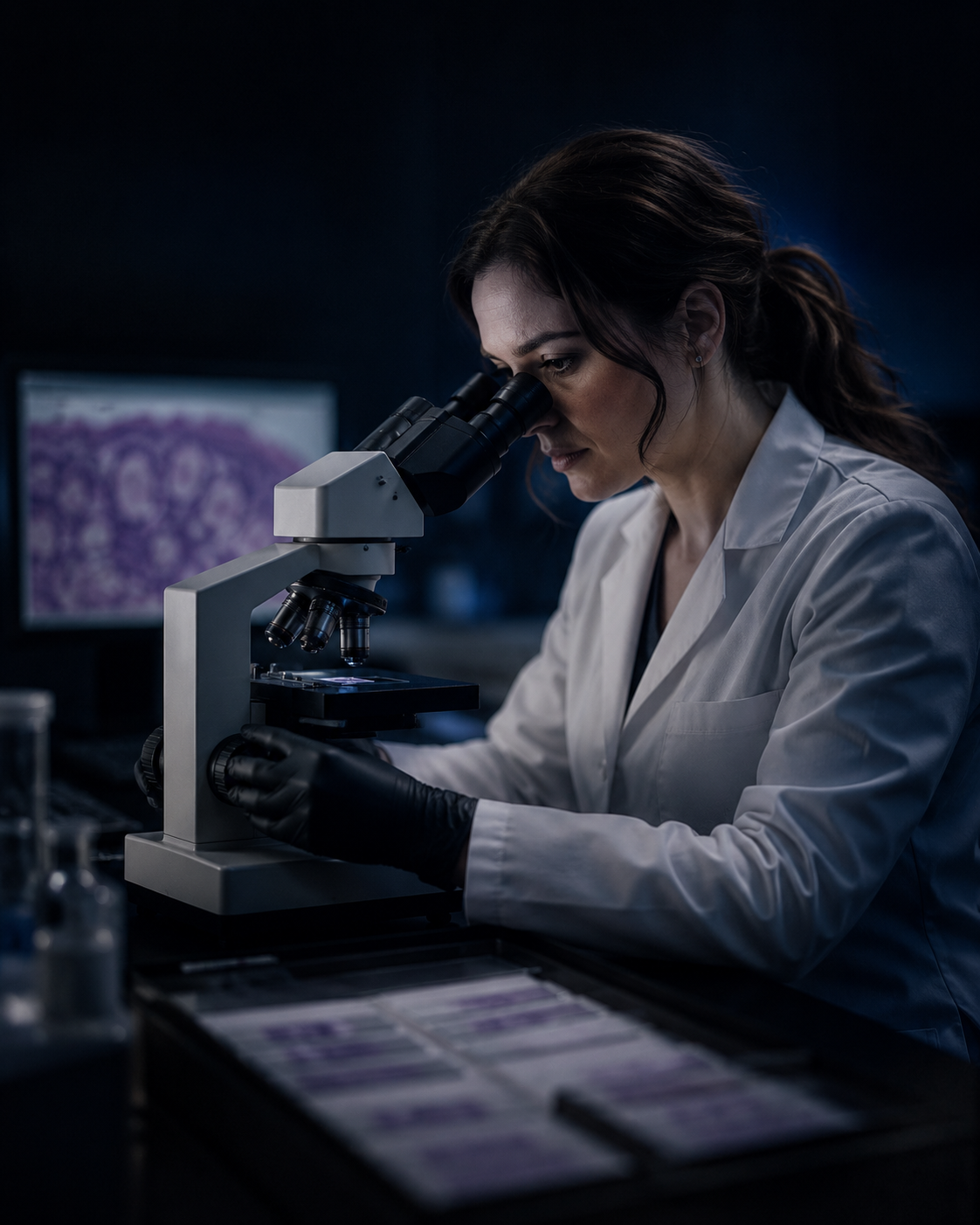 Specialist examining a histology slide under the microscope